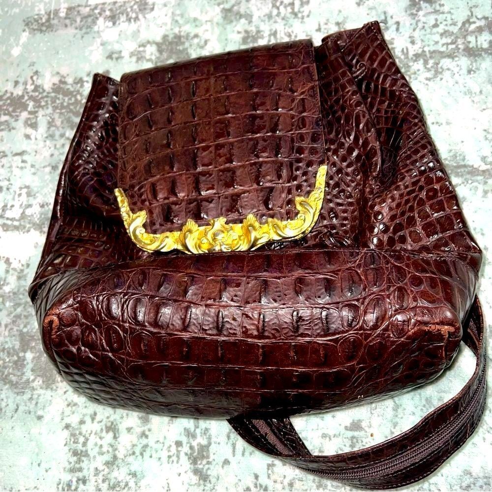 glen Miller Ann Turk Elegant Brown Crocodile-Embossed Backpack